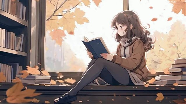Cute lofi girl studying in a bookstore with tree and leaves, Lofi loop anime animation.