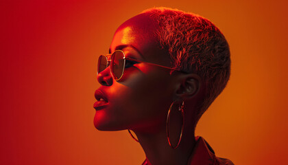 cool african woman with red lips wearing sunglasses and futuristic high fashion leather outfit in front of a red wall background