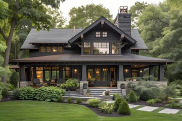 A bold craftsman-style home facade adorned with rich charcoal gray tones, standing out against the lush greenery.
