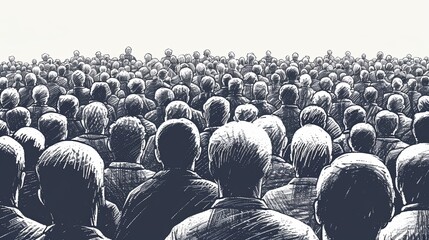 The black and white drawing shows a crowd of people and we can only see their backs. The concept of depersonalization of the masses, as all people are gray and stand densely in space. Illustration. - 779206681