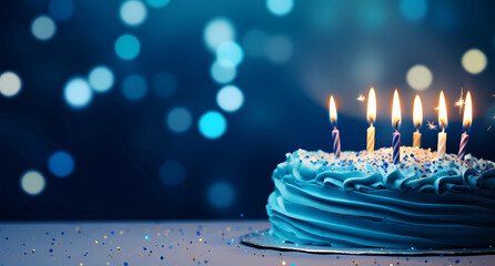 blue birthday cake with candles - obrazy, fototapety, plakaty