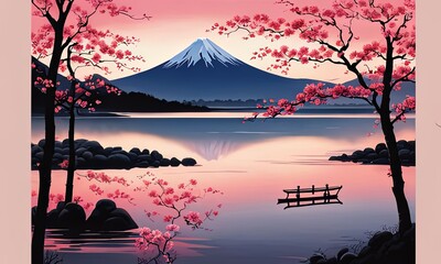 Serene, peaceful, japanese scene of lake with boat in background. Concept of calm, tranquility, as if one were to take break from hustle. For interior, commercial spaces to create stylish atmosphere.