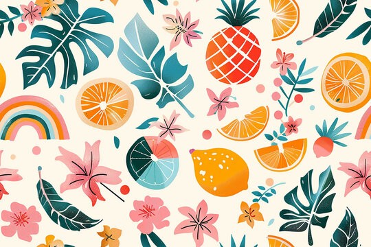 Seamless tropical fruits and florals pattern