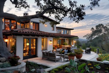 A craftsman house with a light-colored exterior, showcasing a rooftop terrace with comfortable seating and panoramic views.