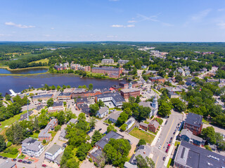 Exeter historic town center aerial view including Congregational Church on Front Street town of...
