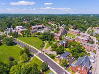 Academy Building of Phillips Exeter Academy aerial view in historic town center of Exeter, New Hampshire NH, USA. This building is the main building of the campus.  - obrazy, fototapety, plakaty