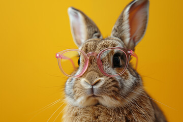 rabbit with pink glasses on an isolated yellow background. Marketing concept
