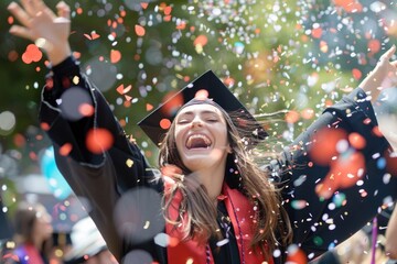 graduate female throwing confetti laughing and celebrating graduation