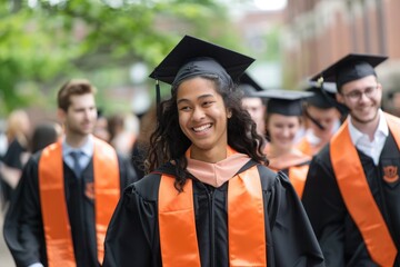 a group of graduated students wearing black and orange walking together smiling