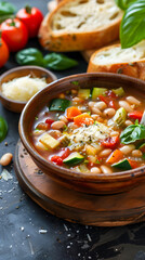 Healthy, Vibrant Minestrone Soup in a Rustic Setting with Fresh Ingredients