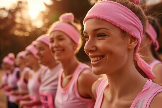 females wearing pink participating in a charity cancer run