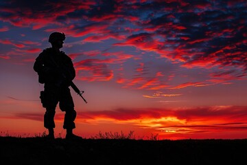 soldier's silhouette against the sky on sunset