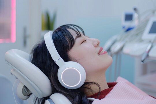 Asian female patient wearing headphones in a dental chair looking relaxed