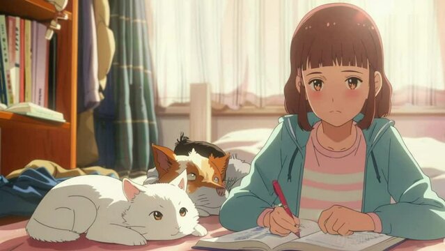 Cute Lofi girl studying and writing with her cute pats, Lofi loop anime animation.