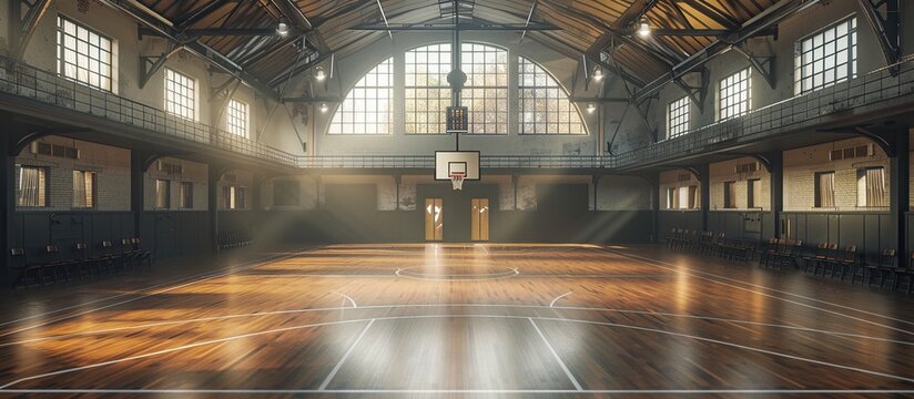 a cinematic photo of an old basketball court in the middle of nature, the sun shines through large windows on to the floor and creating rays across it, a classic wooden ceiling with metal beams above,