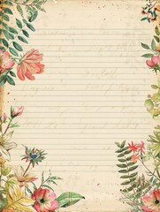 Flowers painted on old paper with watercolor. Natural frame border. Vintage style background