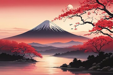 Mount Fuji range with red tree in foreground. For meditation apps, on covers of books about spiritual growth, in designs for yoga studios, spa salons, illustration for articles on inner peace, print.