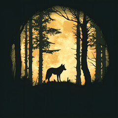 Silhouette of the wolf with full moon on background.