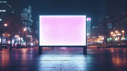 Blank white billboard is luminous in a city street at night time with skyscrapers background. - obrazy, fototapety, plakaty