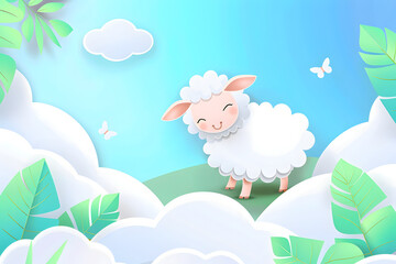 Illustration of Cute sheep smiling on the green field with blue sky background.