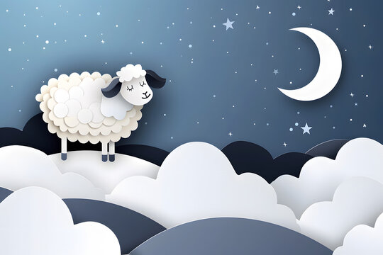 Illustration of Cute sheep sleeping on the clouds. Concept of goodnight.