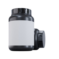 A big jar of workout supplement laying on the floor, hero view, with a blank white label