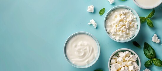 Top and bottom views of dairy products on a table with a blue background. Dairy farming and healthy food concepts. - obrazy, fototapety, plakaty