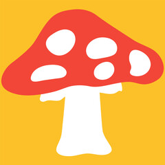 Red fly agaric mushroom with white dots and white stem, flat illustration