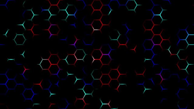 abstract video animation of light blue red on black hexagon background