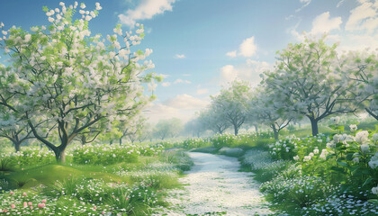 A path winds through a vibrant garden of blooming trees and flowers, bathed in the fresh, gentle sunlight of a perfect spring day