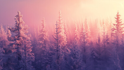 Obraz premium a beautiful frosty sunrise in pink hued forest covered in snow and frost