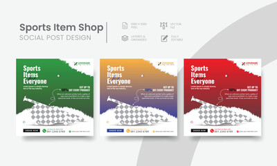 Creative sports item shop social media post for web banner & internet ads. Functional sports store social media post suitable layout template design. Vol - 16