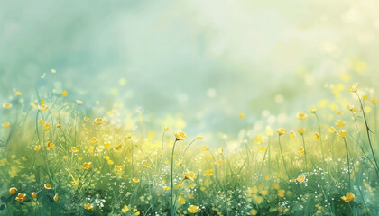 Fototapeta premium A field of yellow buttercups in the soft sunlight, creating a dreamlike spring or summer scene