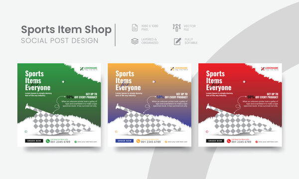 Creative sports item shop social media post for web banner & internet ads. Functional sports store social media post suitable layout template design. Vol - 16