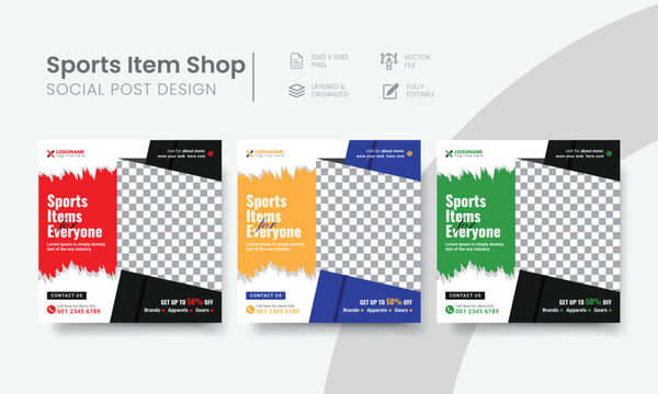 Creative sports item shop social media post for web banner & internet ads. Functional sports store social media post suitable layout template design. Vol - 19 - Powered by Adobe