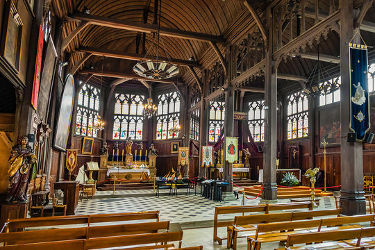 Interior of St Catherine's church (Eglise Sainte Catherine) in Honfleur, almost entirely built out of wood, dates back to 15C after Hundred Years War. Honfleur, France. June 23, 2020.