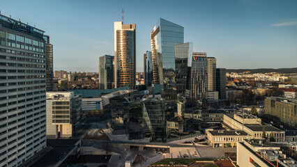 Vilnius business center skyscrappers aerial view