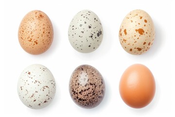 Top view of white and brown eggs arranged in a row on a fresh background. Raw chicken and quail...