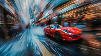 Red Sports Car in Motion Blur on City Street - obrazy, fototapety, plakaty
