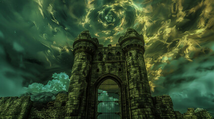 Imagine an entrance to the castle guarded by swirling winds - obrazy, fototapety, plakaty