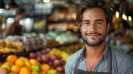 Portrait of handsome man selling fruits and vegetables in the market - obrazy, fototapety, plakaty