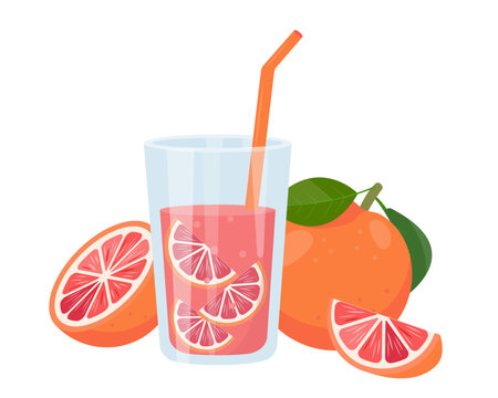 Fresh grapefruit or red orange juice in glass. Weight loss diet vitamin C smoothie. Detox fruit cocktail for healthy dieting. Vector illustration isolated on white background.