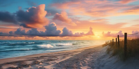 Beach landscape at sunset. - obrazy, fototapety, plakaty