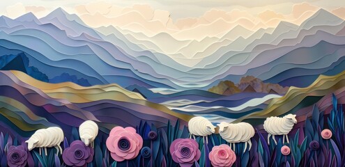 painting featuring some sheep grazing in the countryside - obrazy, fototapety, plakaty