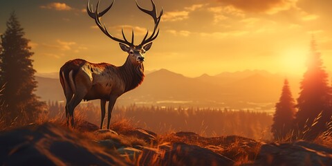 Red Deer (Cervus elaphus) stag at sunrise.