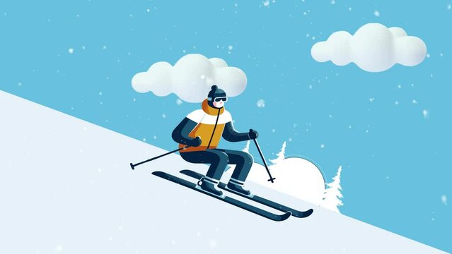 skiing in the snow desert. accompanied by snowfall. Flat design 2D animation