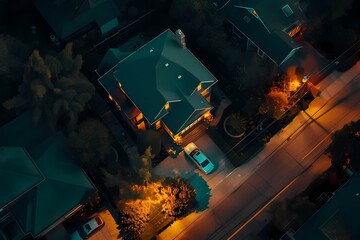 A bird's-eye perspective showcasing the richness of a traditional craftsman house exterior painted in warm chestnut brown, under the night sky. - obrazy, fototapety, plakaty