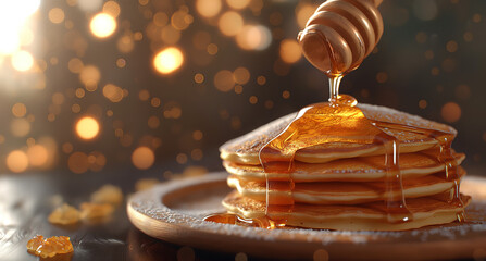  A stack of pancakes with honey being poured over the top, creating an attractive and inviting scene for commercial use. - obrazy, fototapety, plakaty