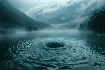 A swirling whirlpool forming in the center of a calm lake, drawing everything into its depths....