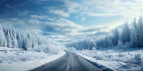 winter snow landscape road. in the snowy forest.